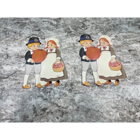 7 Vintage Amscan Thanksgiving Cardboard Cutouts Die Cut Pilgrims Pumpkins Turkey - Picture 6 of 11